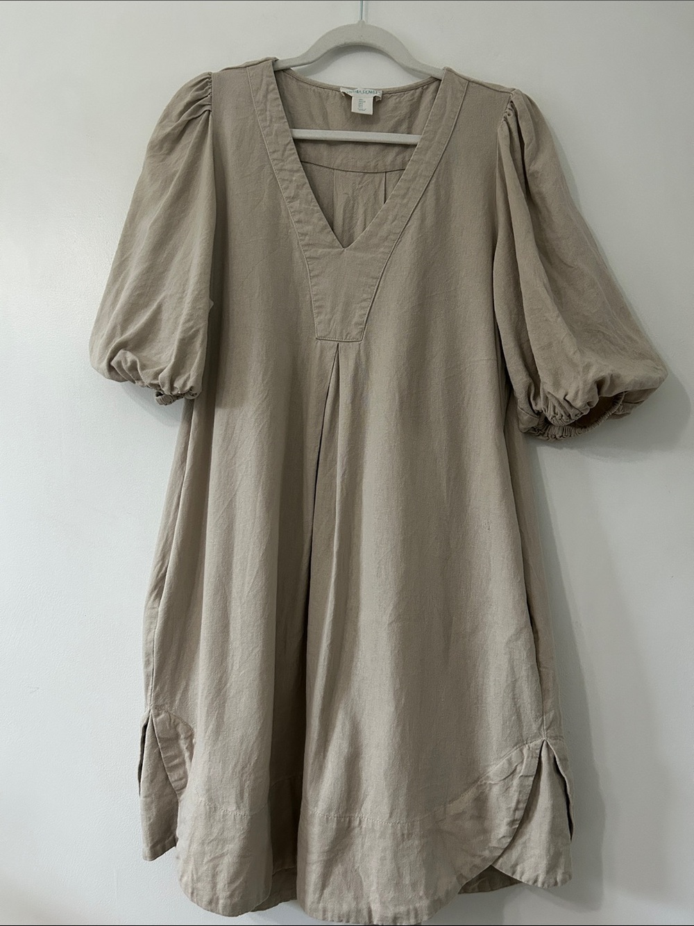 Cynthia Rowley Puff Sleeve Linen Shift Dress Tan Mini Relaxed Boho Shabby Chic - Picture 13 of 14